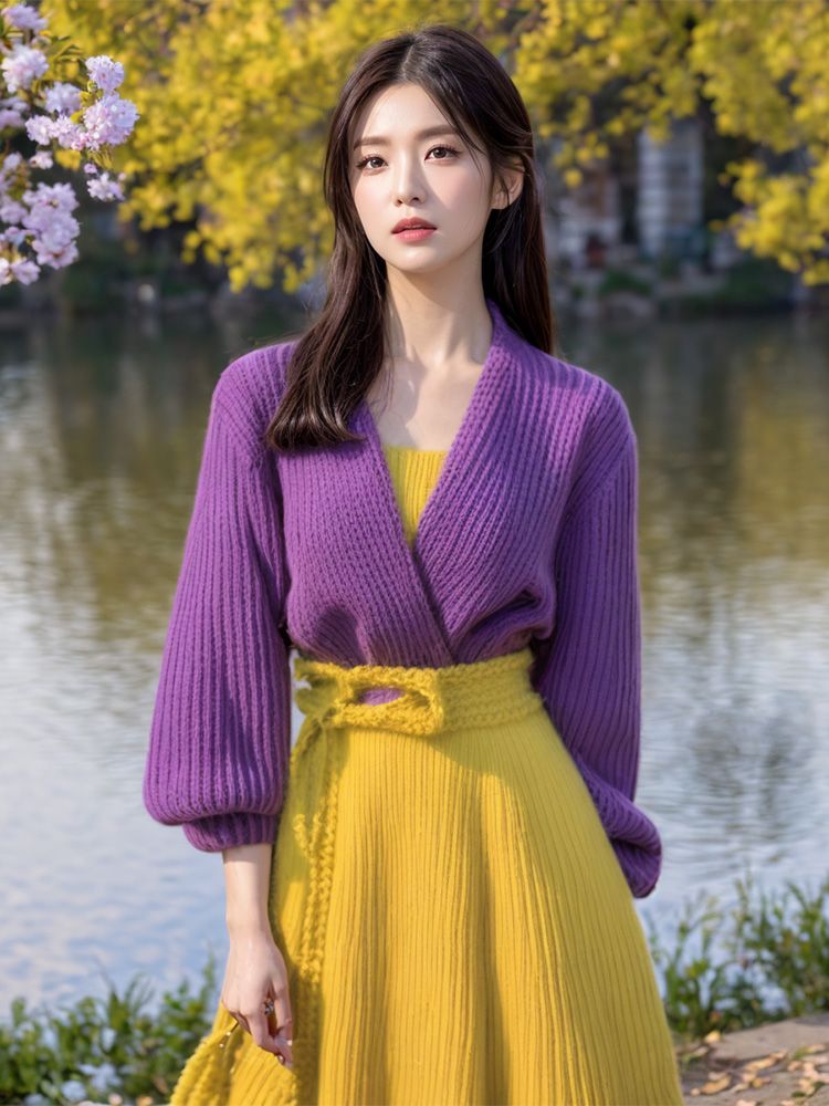 Yellow Winter Clothing - Фиолетовое желтое платье-свитер длиной до щиколотки,